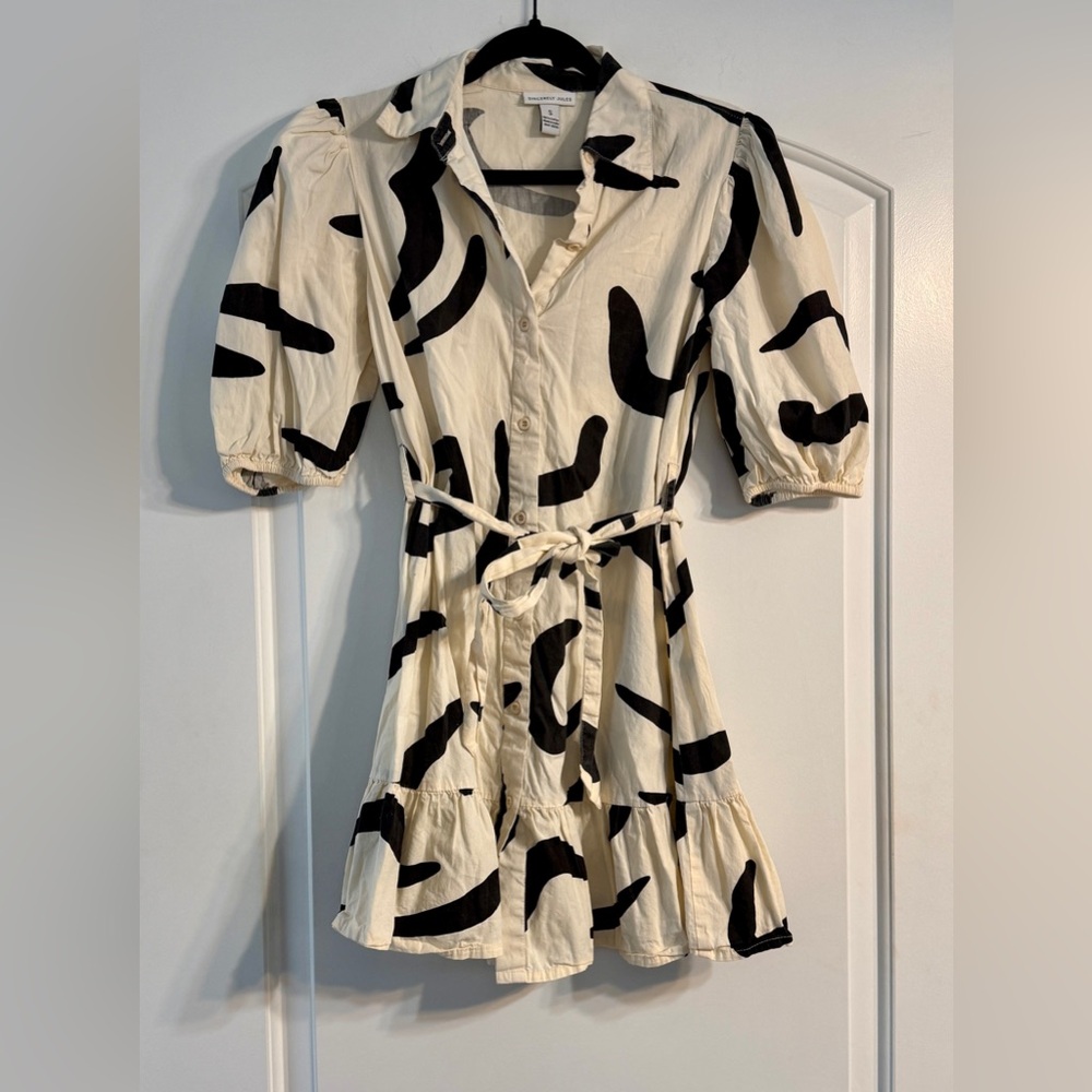 Sincerely Jules Shirt Dress Women Small Cream Black Abstract Mini Tie Boho